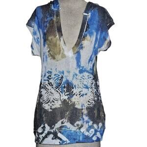 Knit V Neck Short Sleeve Hooded Sweater Size XL